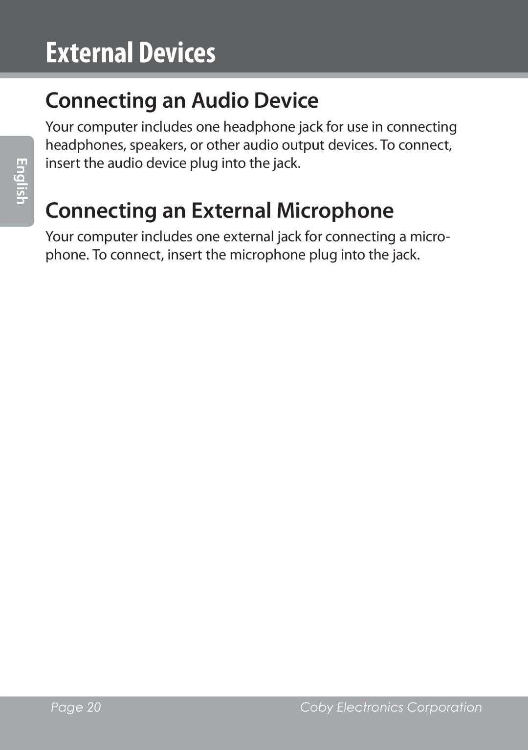 COBY electronic NBPC1028 instruction manual Connecting an Audio Device, Connecting an External Microphone 