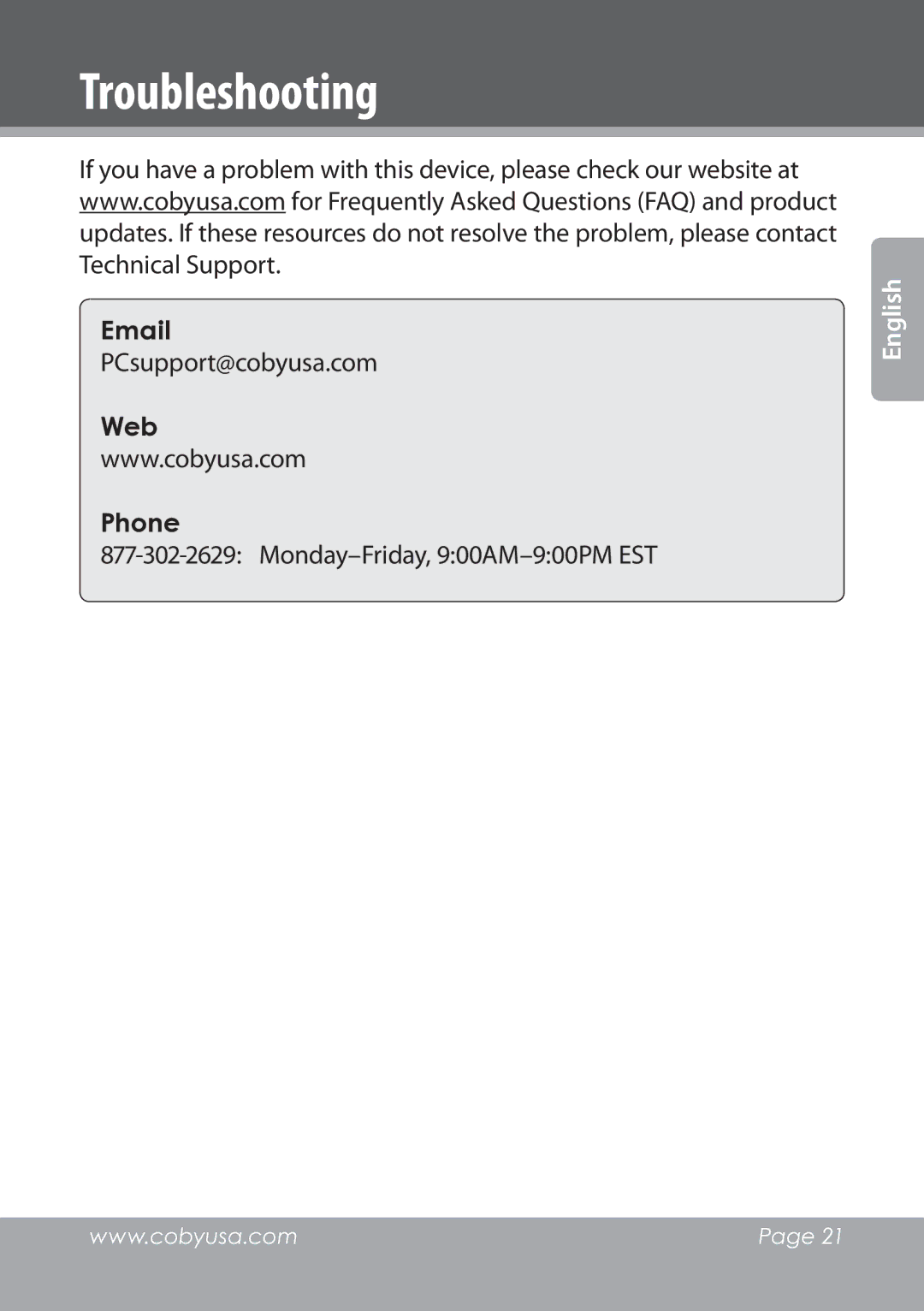 COBY electronic NBPC1028 instruction manual Troubleshooting, PCsupport@cobyusa.com, Monday-Friday, 900AM-900PM EST 