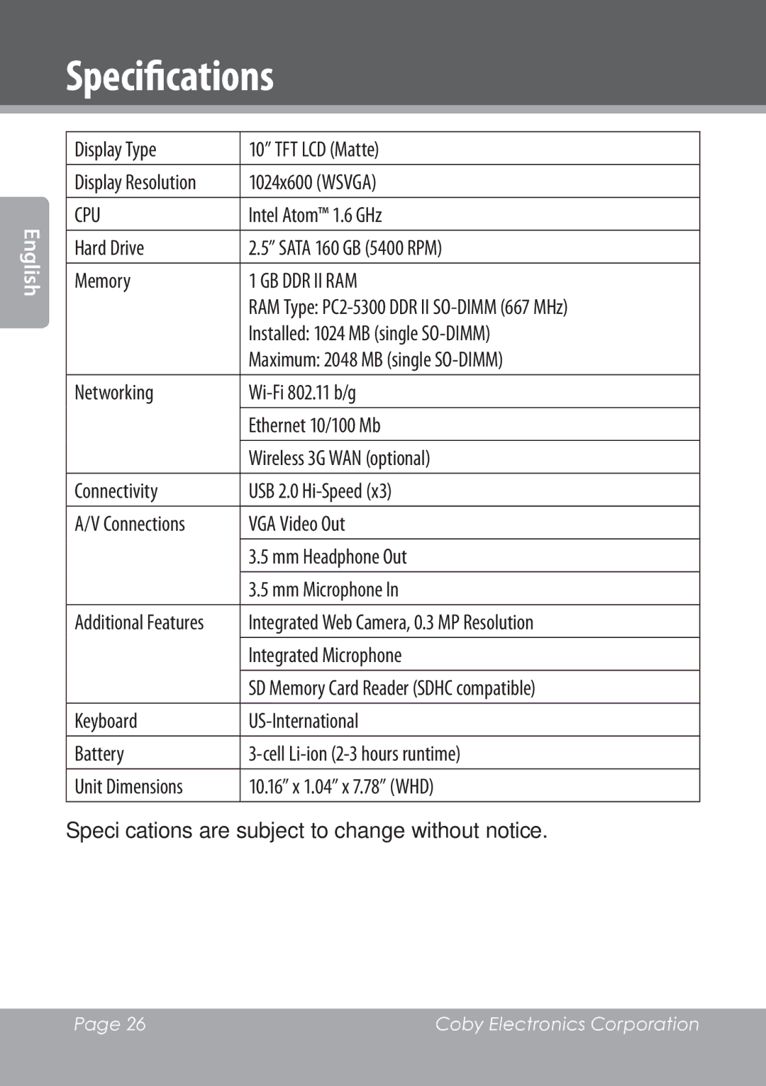 COBY electronic NBPC1028 instruction manual Specifications 