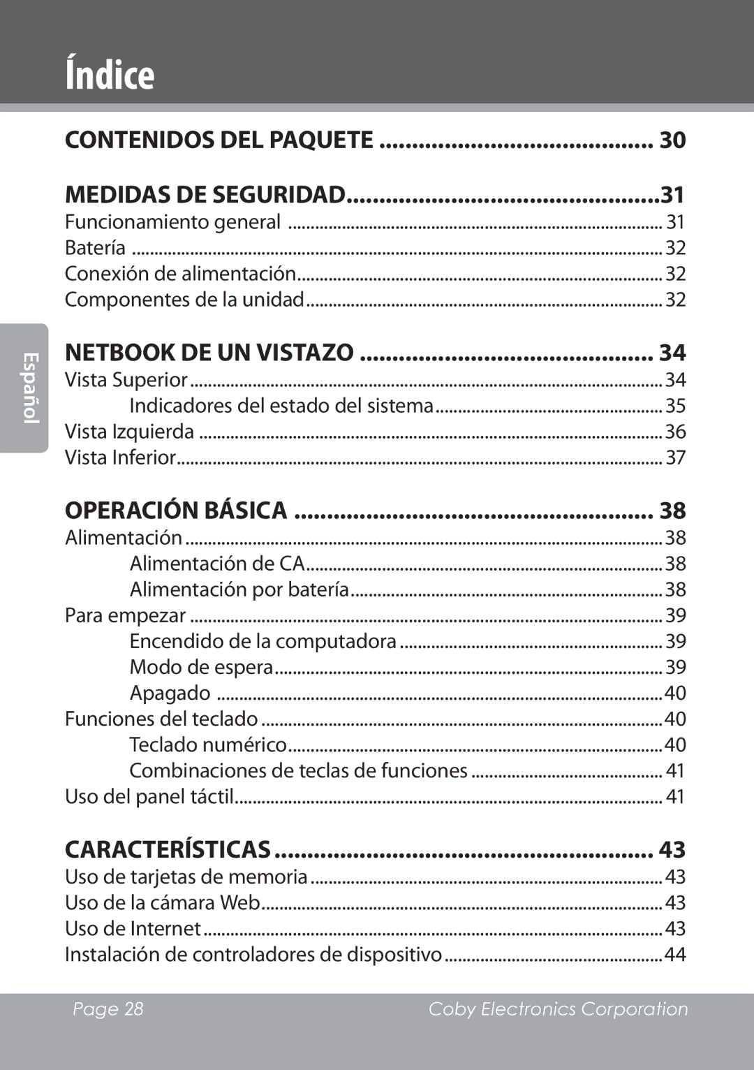 COBY electronic NBPC1028 instruction manual Índice, Contenidos del paquete 