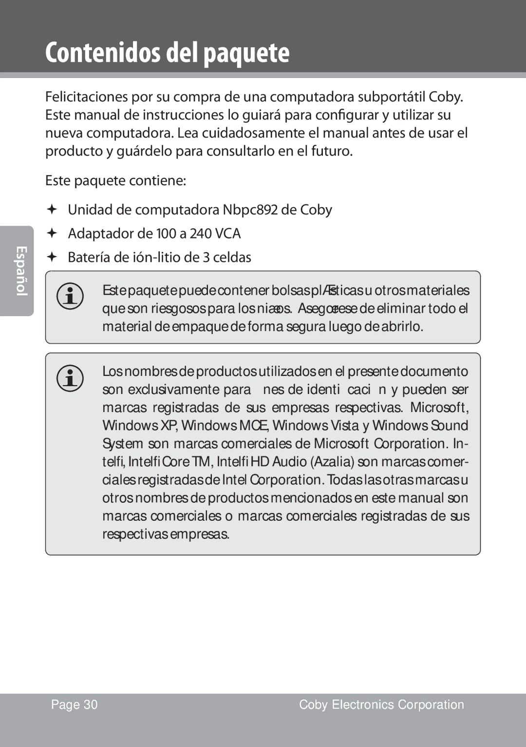 COBY electronic NBPC1028 instruction manual Contenidos del paquete 