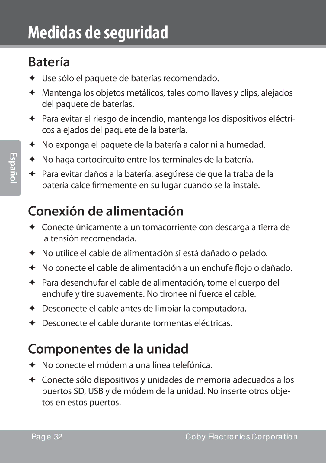 COBY electronic NBPC1028 instruction manual Batería, Conexión de alimentación, Componentes de la unidad 