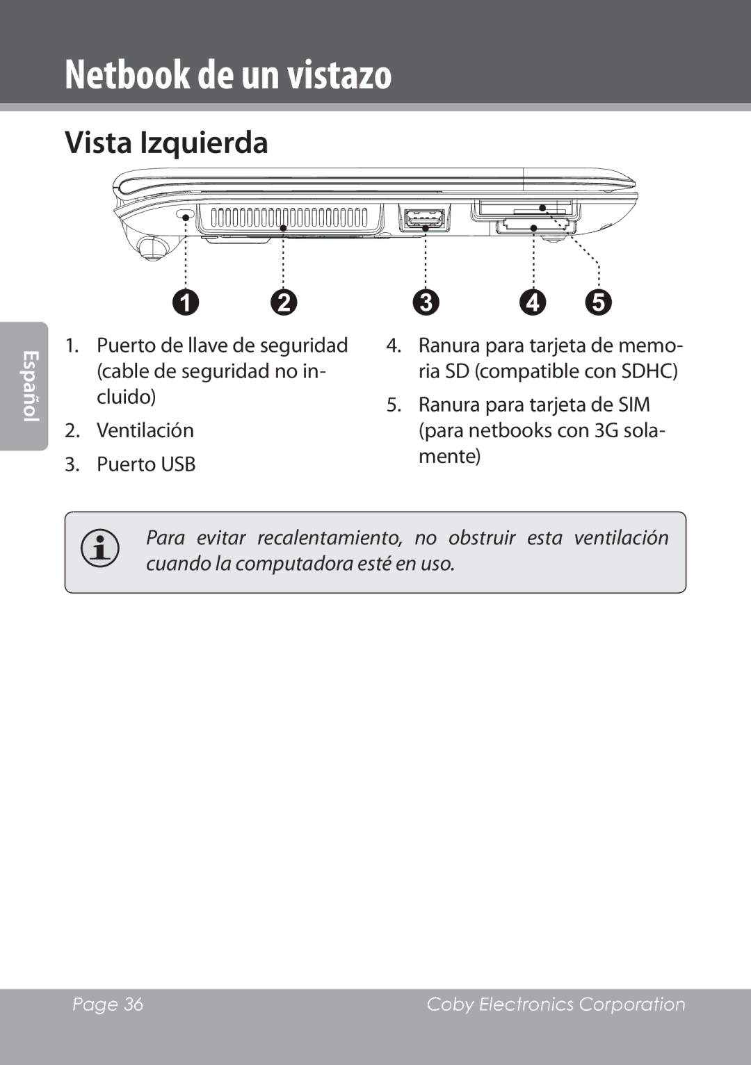 COBY electronic NBPC1028 instruction manual Vista Izquierda, Ranura para tarjeta de SIM para netbooks con 3G sola- mente 