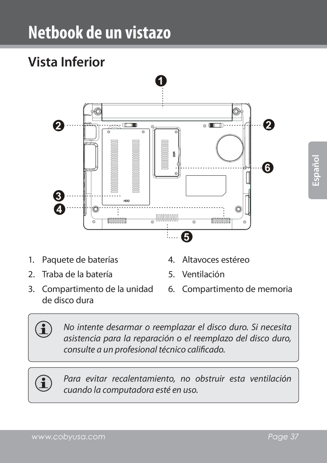 COBY electronic NBPC1028 instruction manual Vista Inferior, Altavoces estéreo Ventilación Compartimento de memoria 