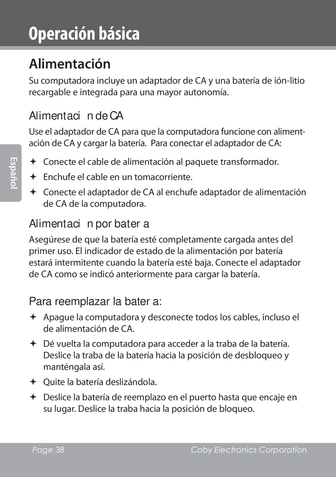 COBY electronic NBPC1028 Operación básica, Alimentación de CA, Alimentación por batería, Para reemplazar la batería 