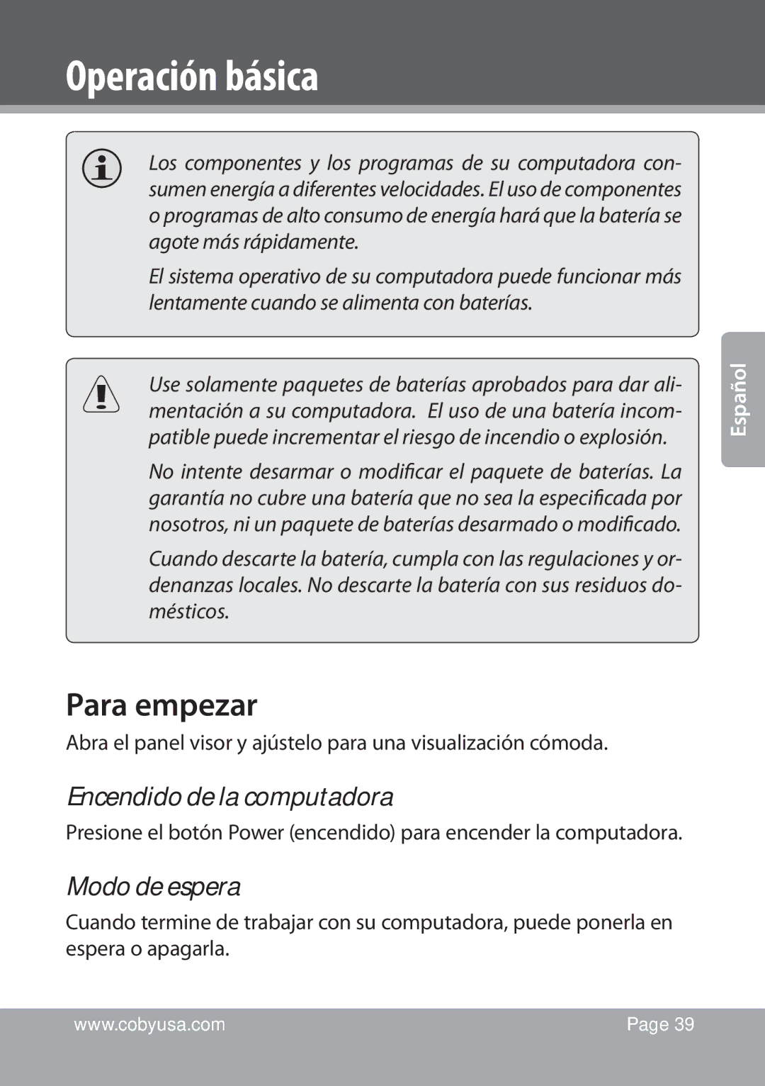 COBY electronic NBPC1028 instruction manual Para empezar, Encendido de la computadora, Modo de espera 