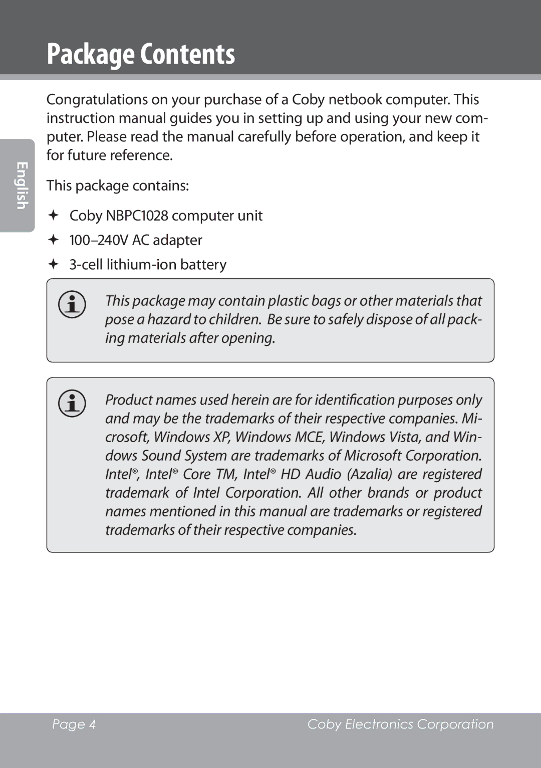 COBY electronic NBPC1028 instruction manual Package Contents 