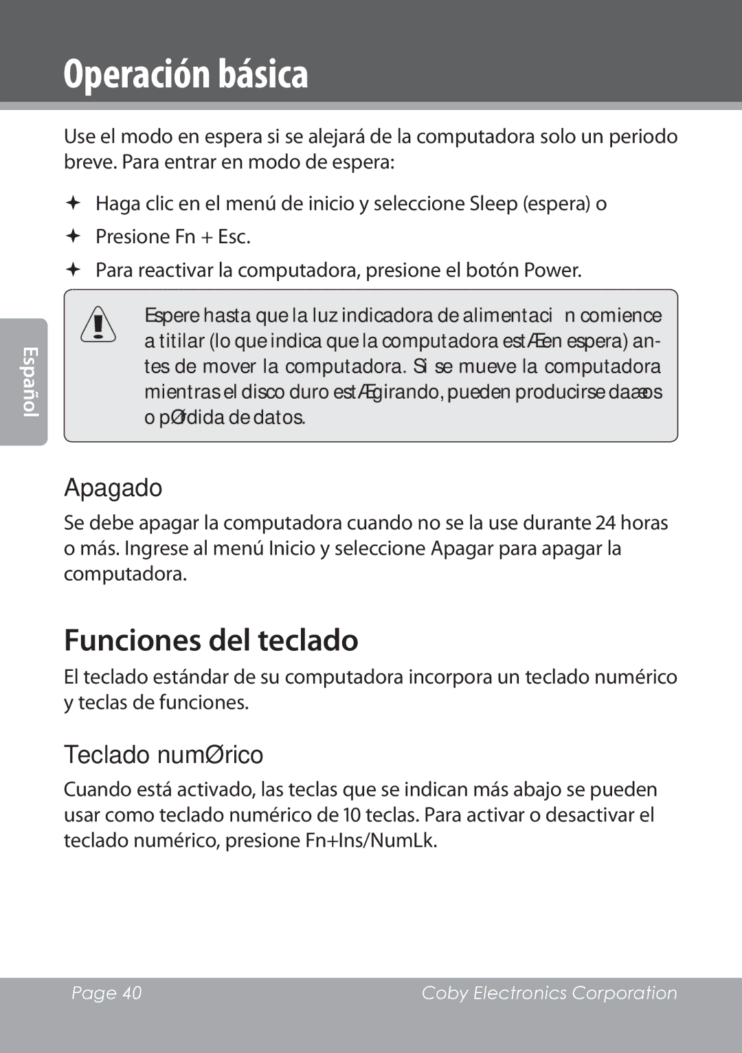 COBY electronic NBPC1028 instruction manual Funciones del teclado, Apagado, Teclado numérico 