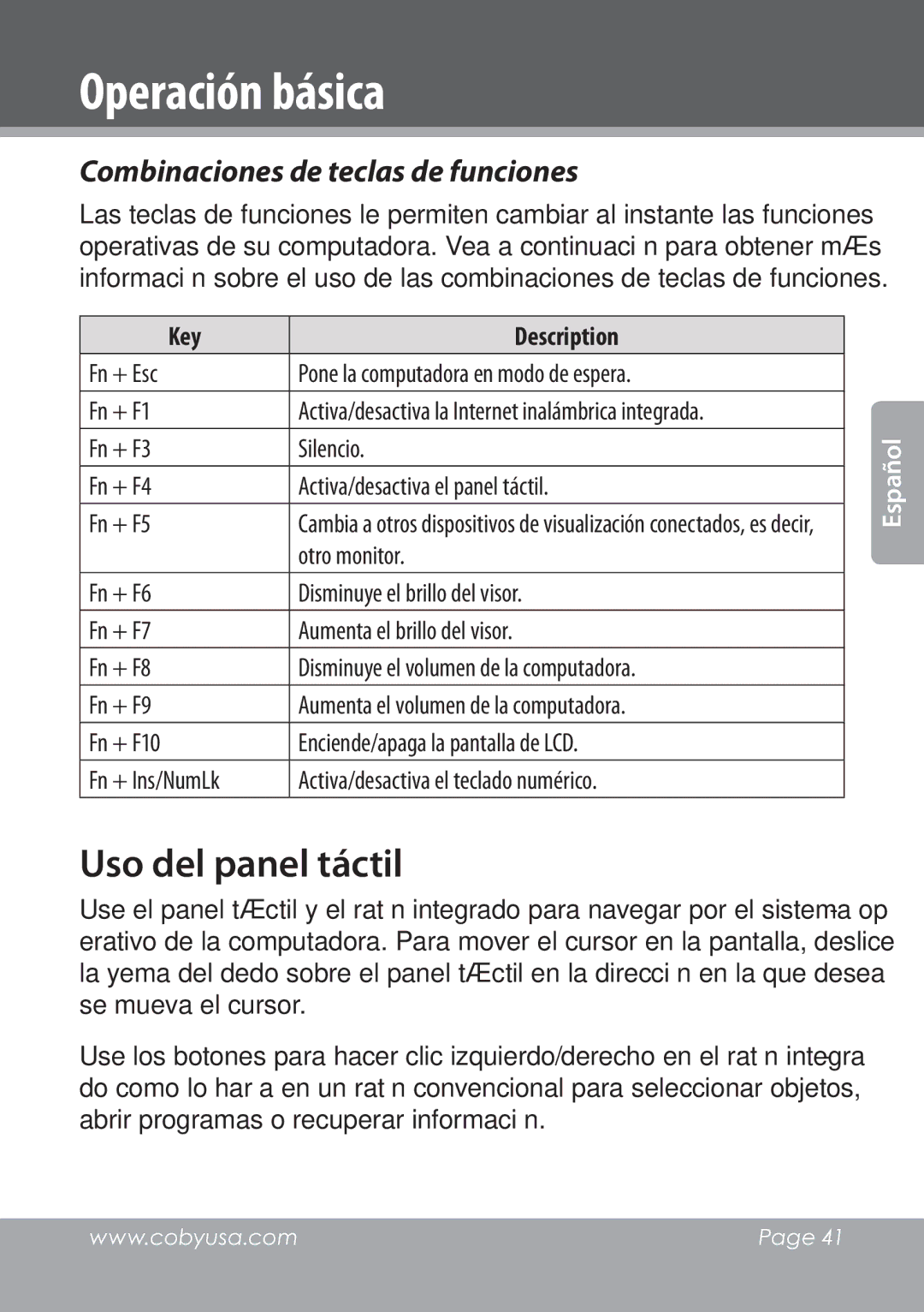 COBY electronic NBPC1028 instruction manual Uso del panel táctil, Combinaciones de teclas de funciones, Otro monitor 