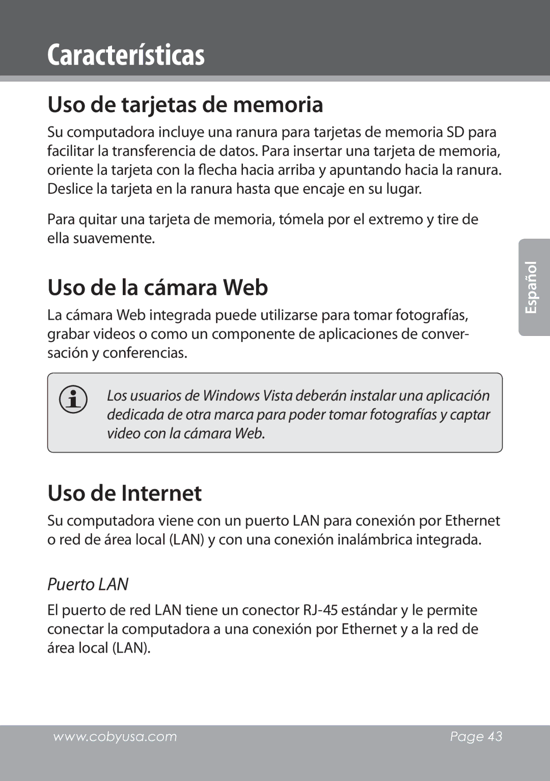 COBY electronic NBPC1028 Características, Uso de tarjetas de memoria, Uso de la cámara Web, Uso de Internet, Puerto LAN 