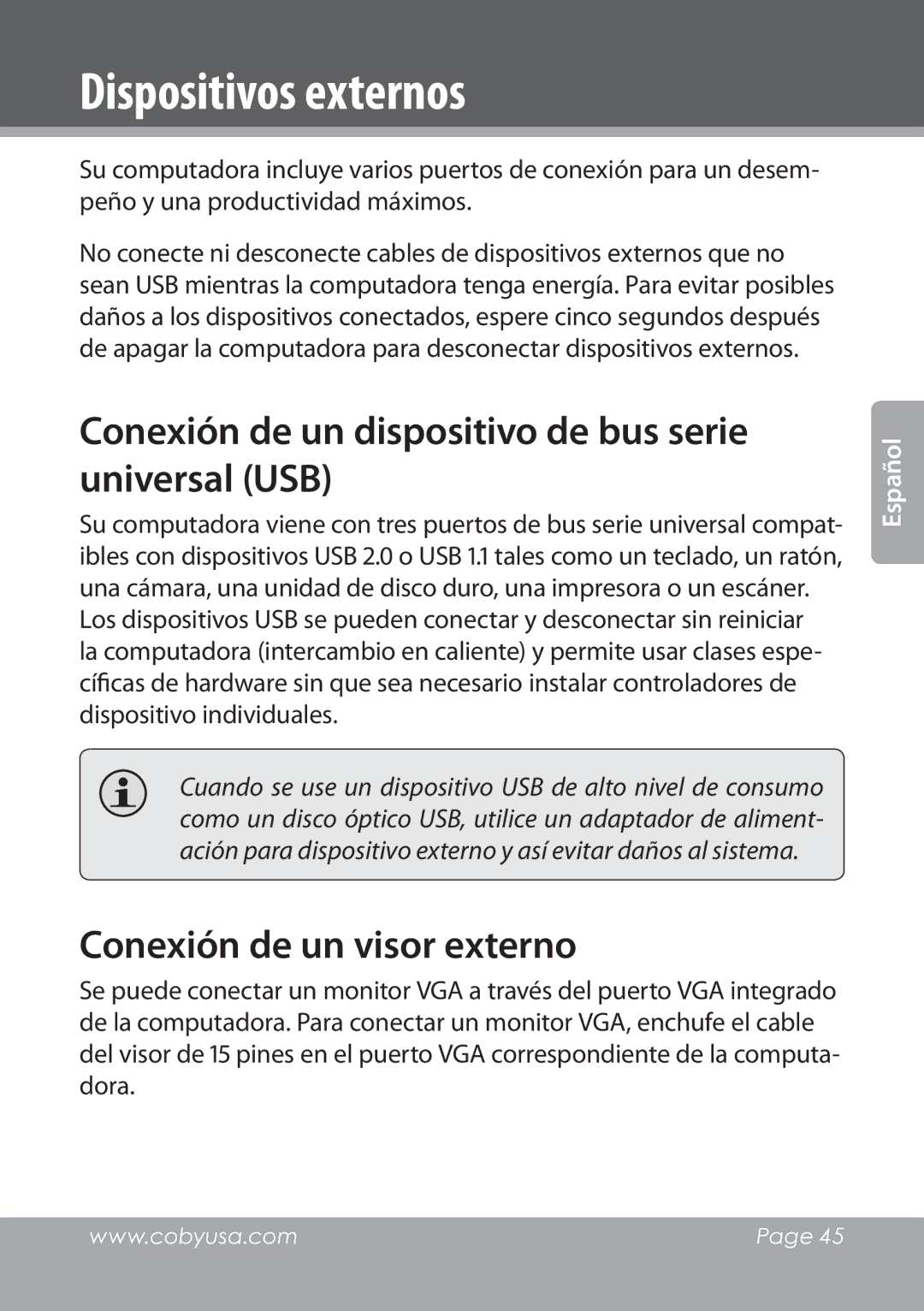 COBY electronic NBPC1028 instruction manual Dispositivos externos, Conexión de un dispositivo de bus serie universal USB 