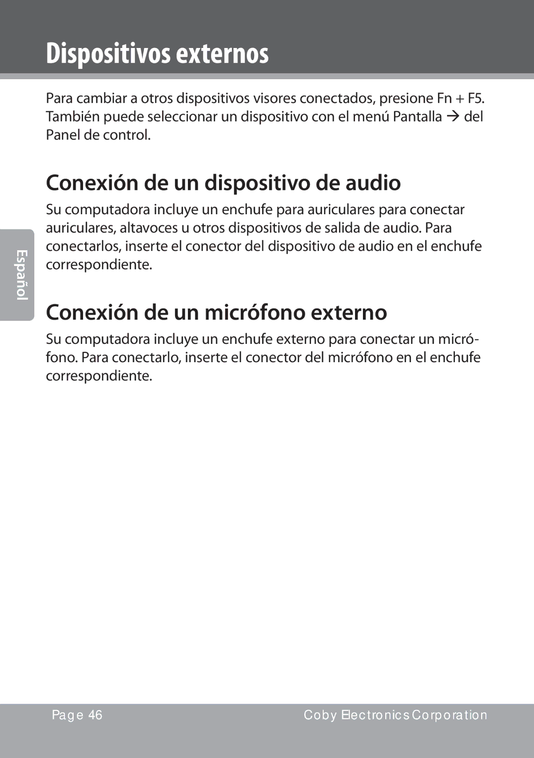 COBY electronic NBPC1028 instruction manual Conexión de un dispositivo de audio, Conexión de un micrófono externo 