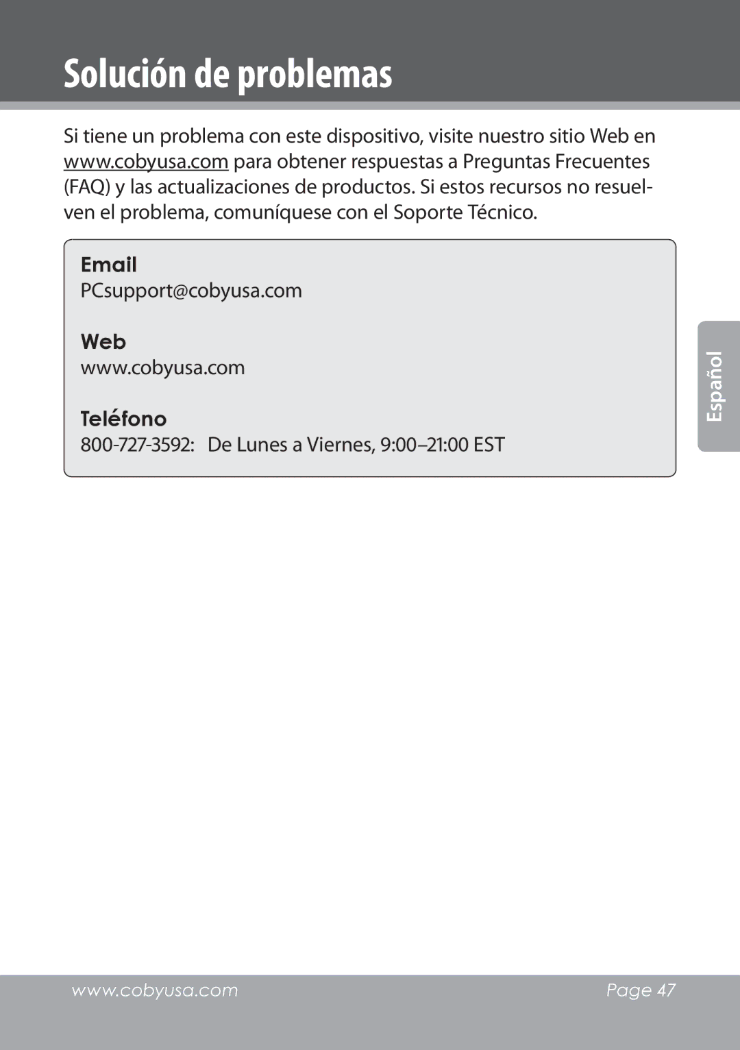 COBY electronic NBPC1028 instruction manual Solución de problemas, De Lunes a Viernes, 900-2100 EST 