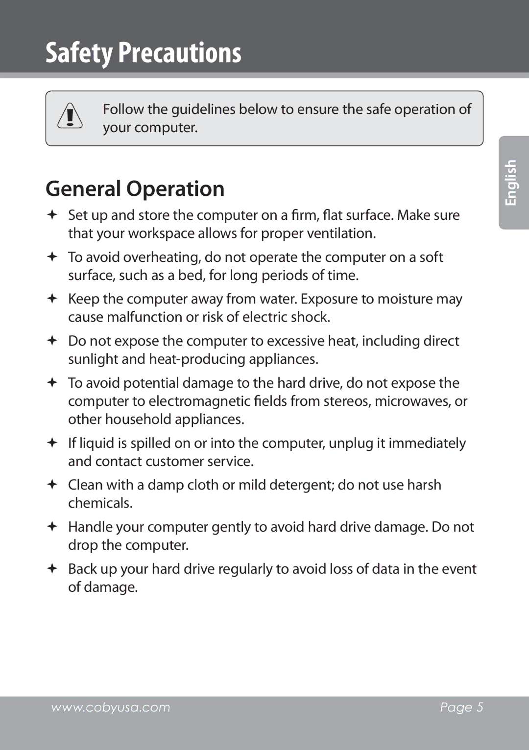 COBY electronic NBPC1028 instruction manual Safety Precautions, General Operation 