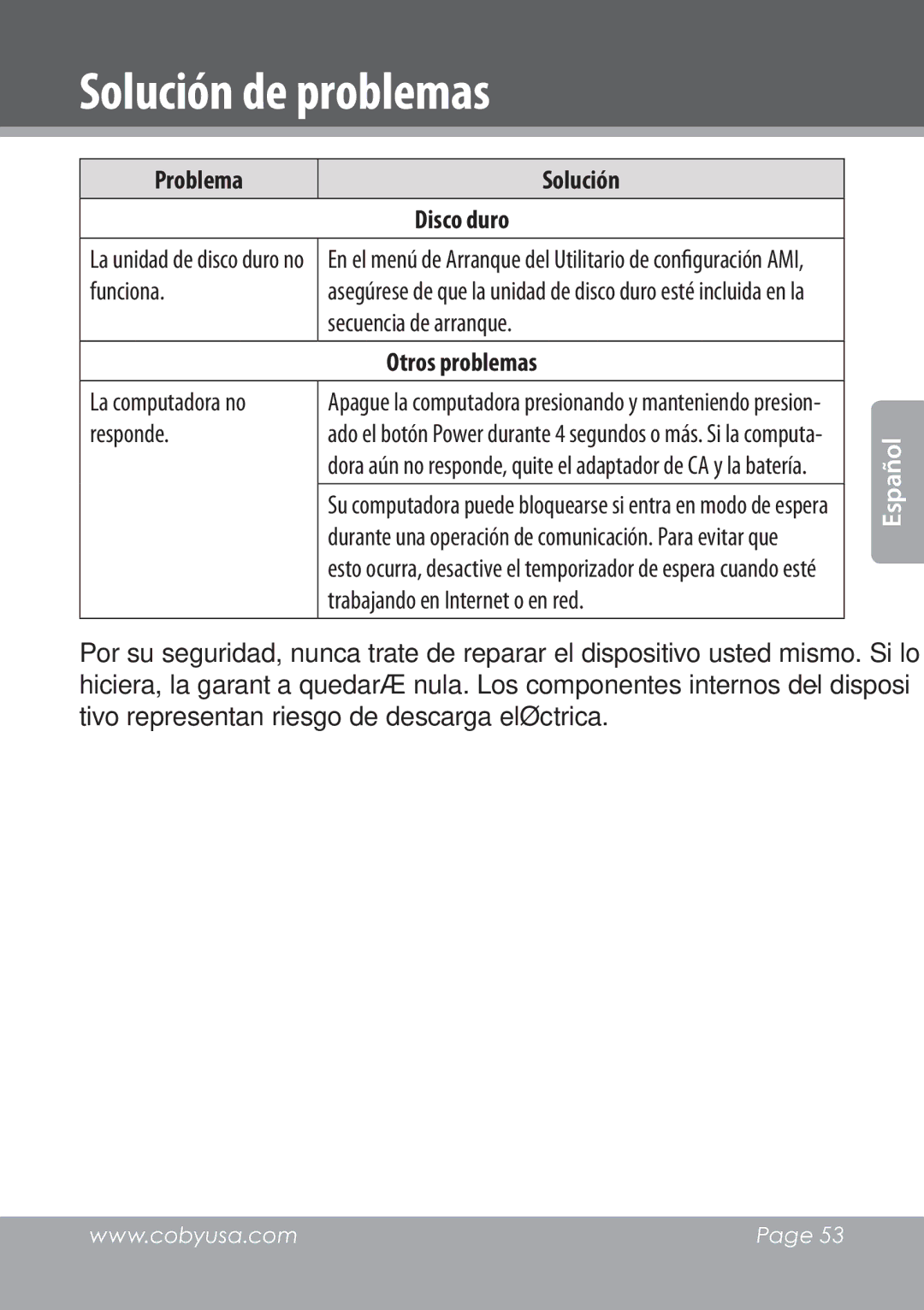 COBY electronic NBPC1028 instruction manual Funciona, Secuencia de arranque, La computadora no responde 