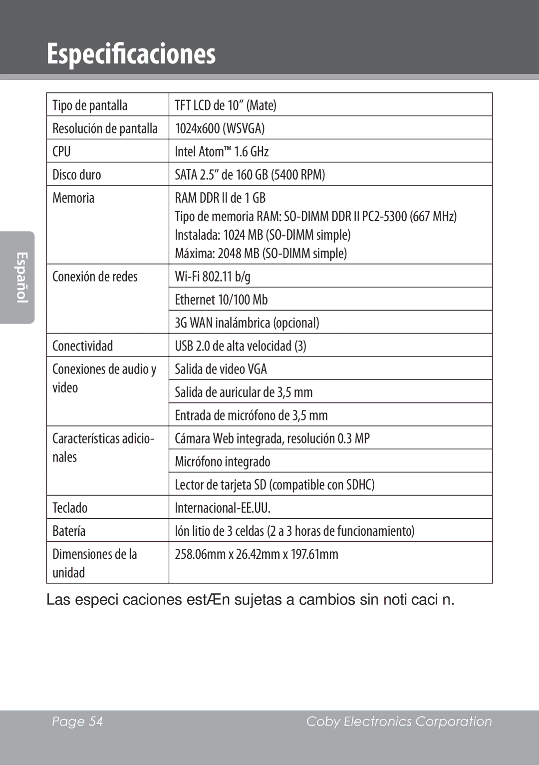 COBY electronic NBPC1028 instruction manual Especificaciones 