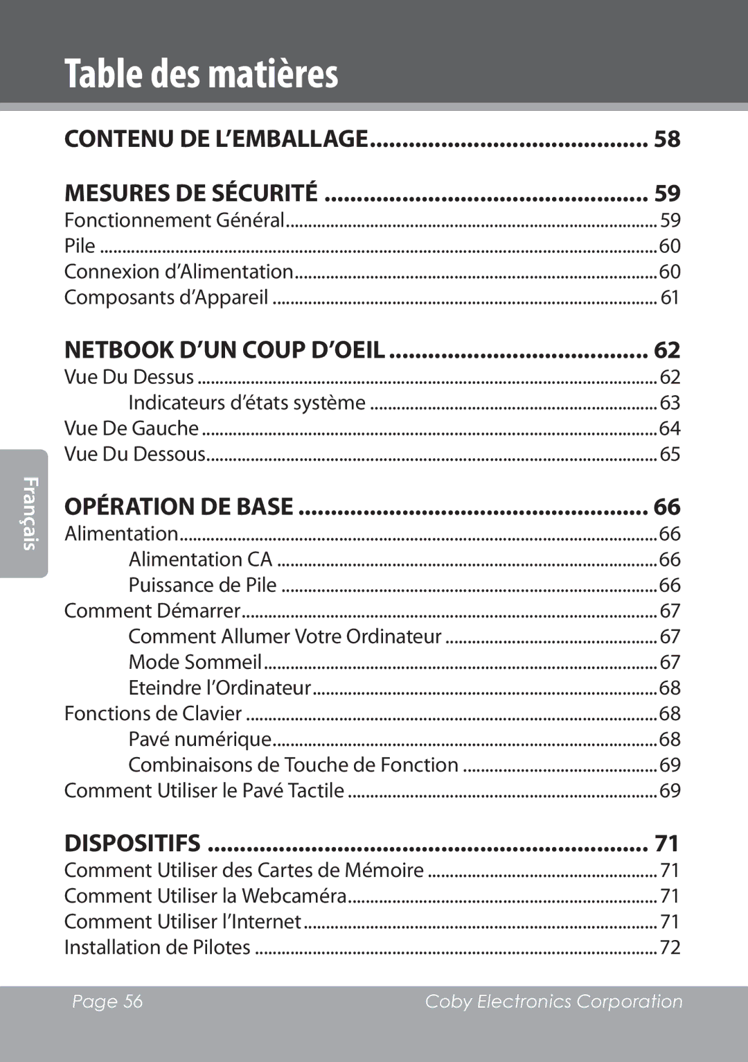 COBY electronic NBPC1028 instruction manual Table des matières, Contenu de l’emballage 