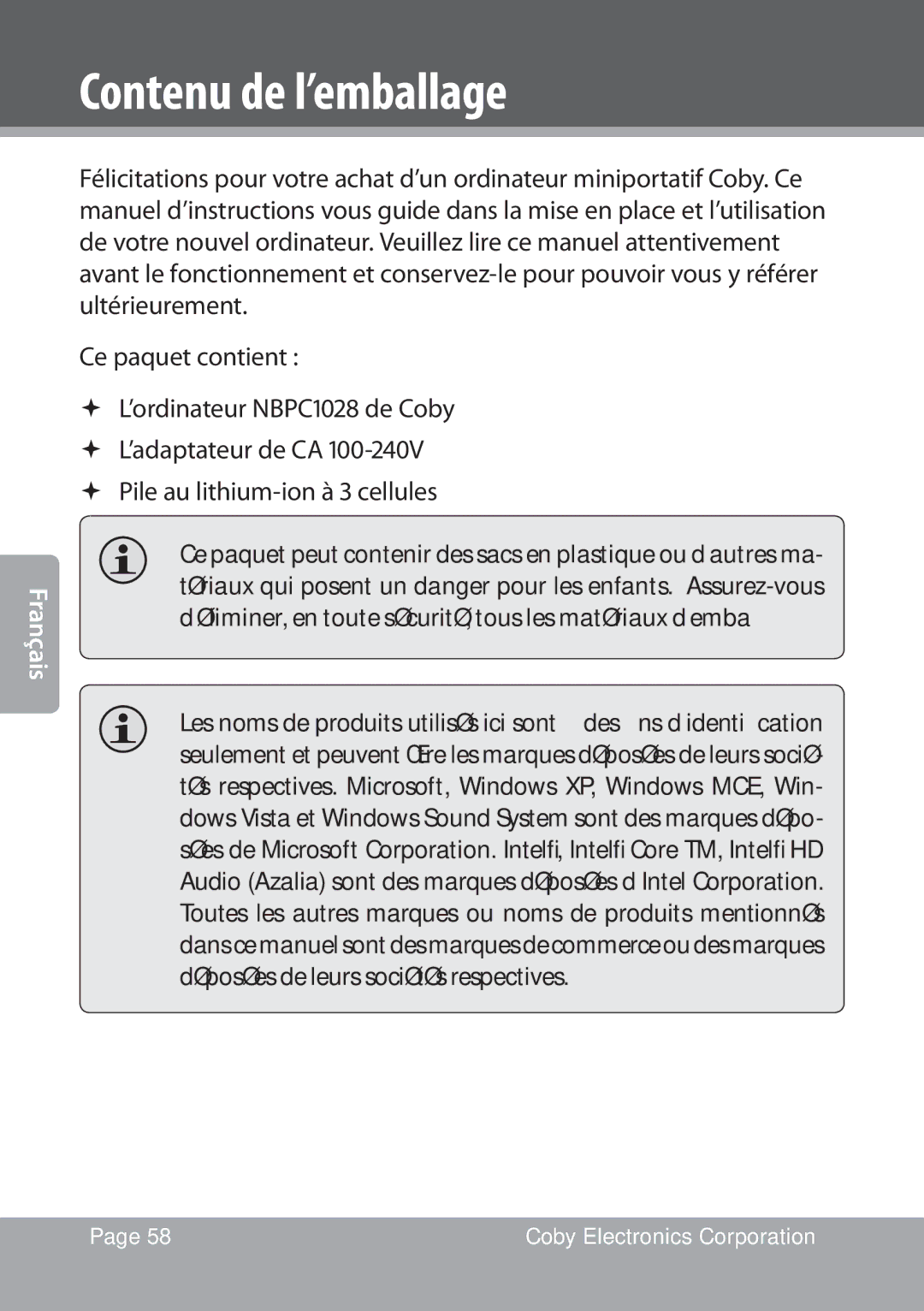 COBY electronic NBPC1028 instruction manual Contenu de l’emballage 