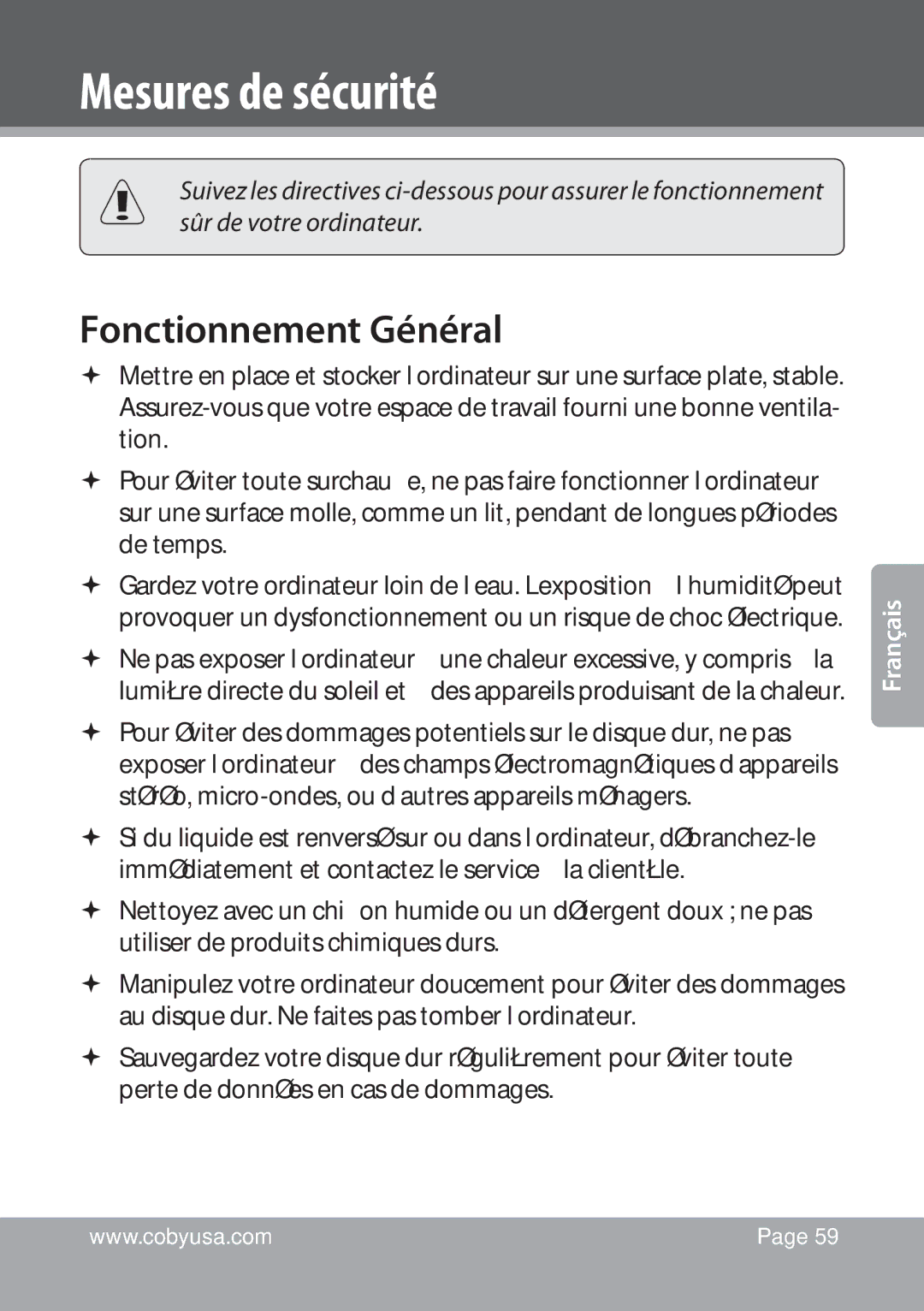 COBY electronic NBPC1028 instruction manual Mesures de sécurité, Fonctionnement Général 