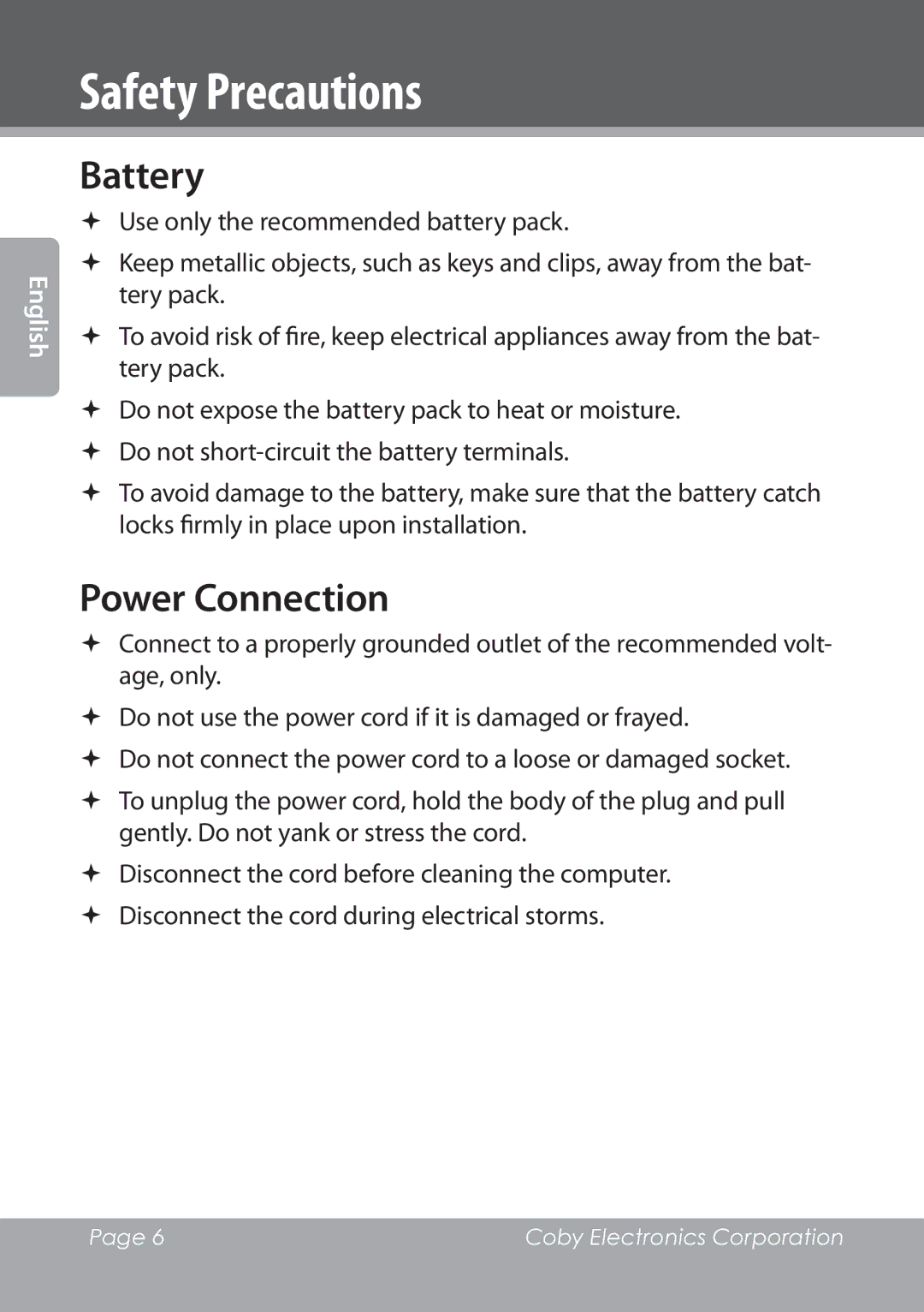 COBY electronic NBPC1028 instruction manual Battery, Power Connection 