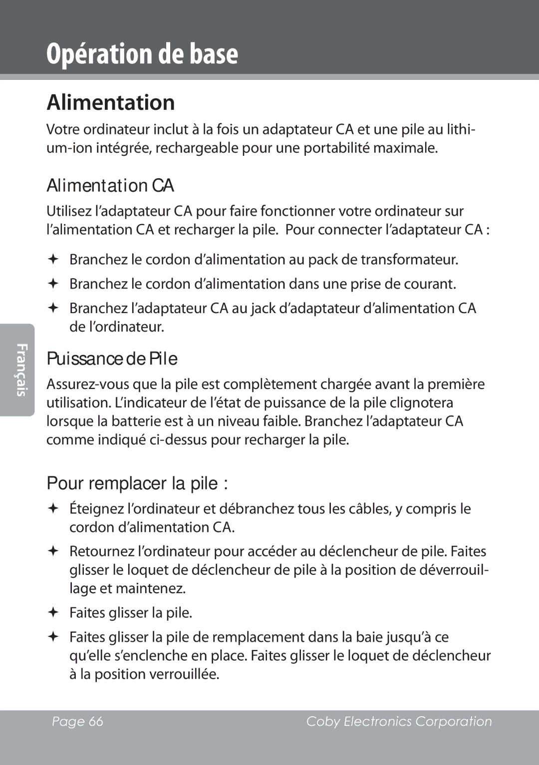 COBY electronic NBPC1028 Opération de base, Alimentation CA, Puissance de Pile, Pour remplacer la pile 