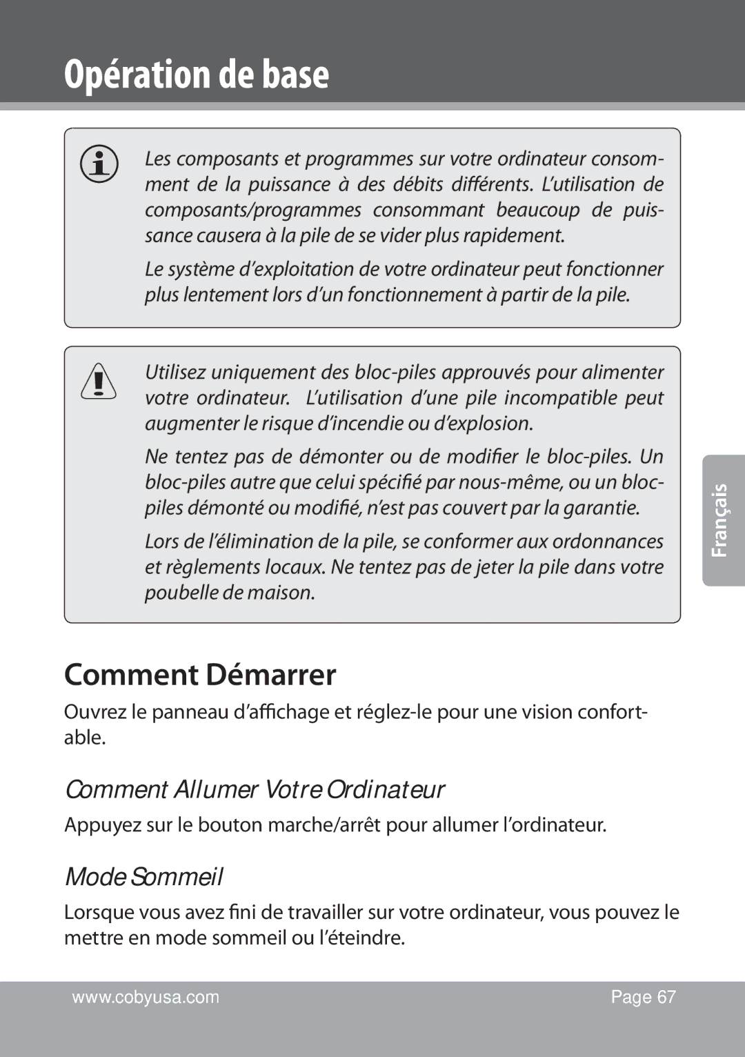 COBY electronic NBPC1028 instruction manual Comment Démarrer, Comment Allumer Votre Ordinateur, Mode Sommeil 