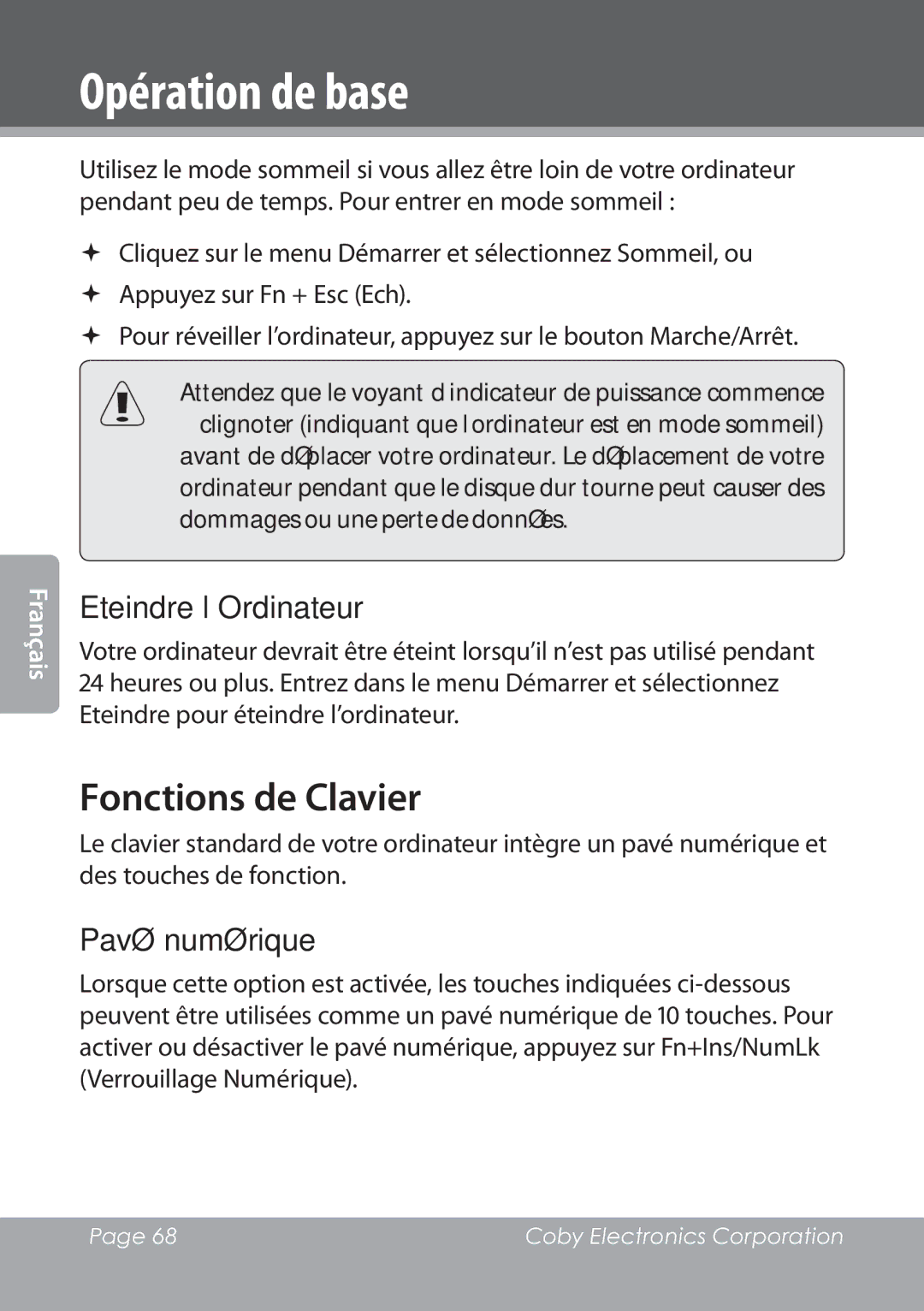 COBY electronic NBPC1028 instruction manual Fonctions de Clavier, Eteindre l’Ordinateur, Pavé numérique 