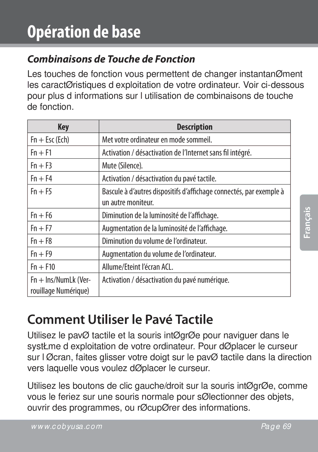 COBY electronic NBPC1028 Comment Utiliser le Pavé Tactile, Combinaisons de Touche de Fonction, Un autre moniteur 