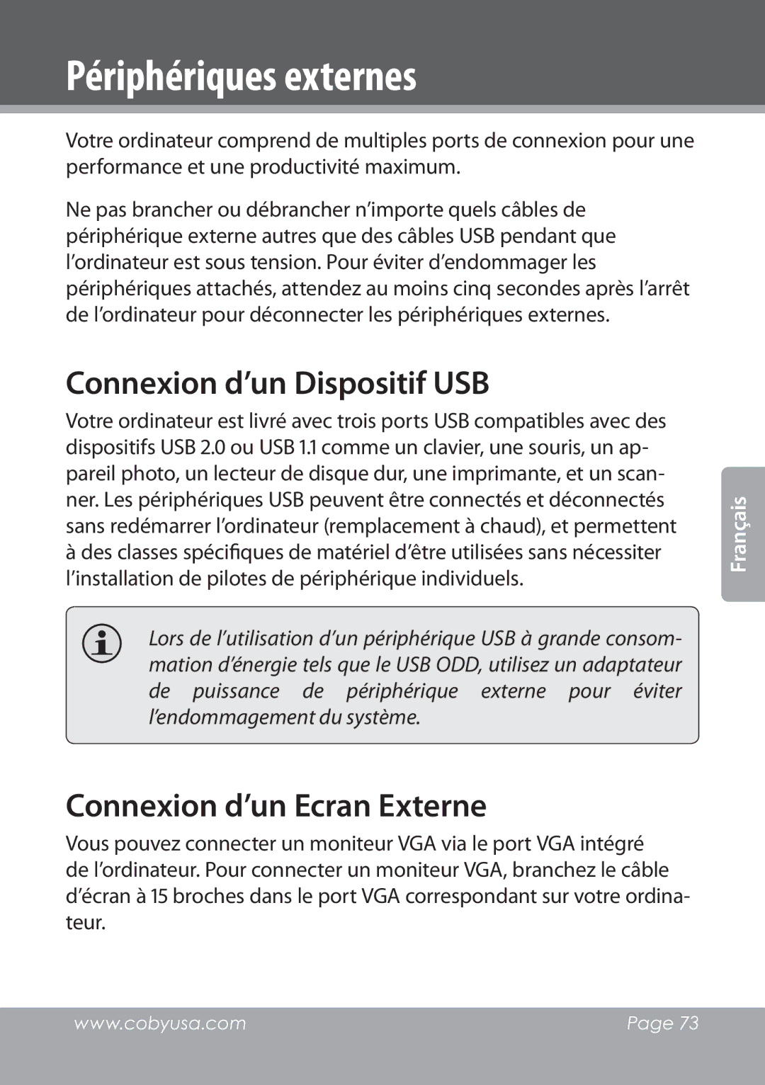 COBY electronic NBPC1028 Périphériques externes, Connexion d’un Dispositif USB, Connexion d’un Ecran Externe 