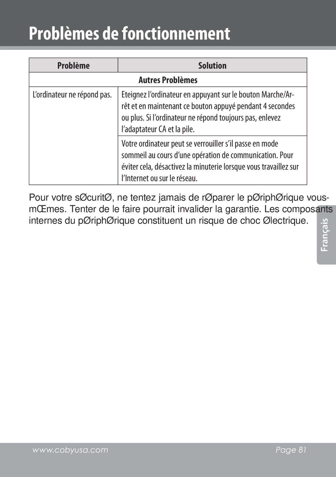 COBY electronic NBPC1028 instruction manual Autres Problèmes, ’ordinateur ne répond pas 