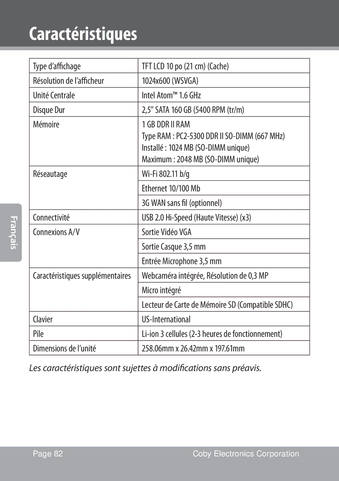 COBY electronic NBPC1028 instruction manual Caractéristiques 