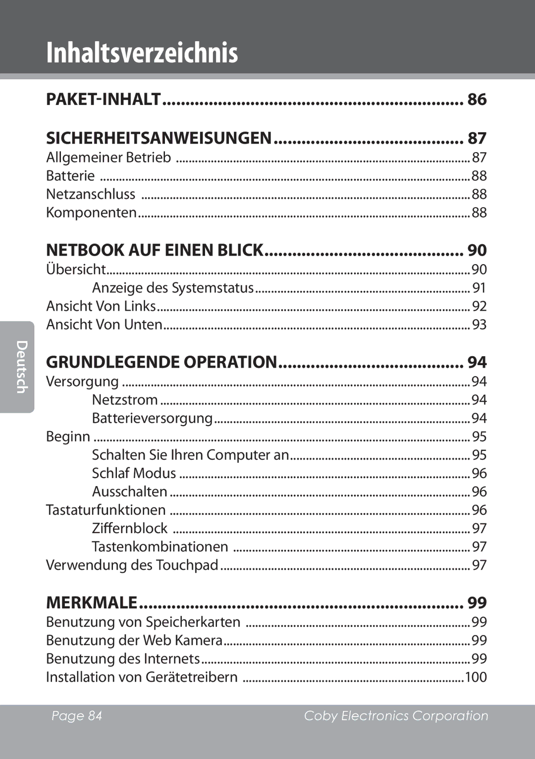 COBY electronic NBPC1028 instruction manual Inhaltsverzeichnis, Grundlegende Operation 