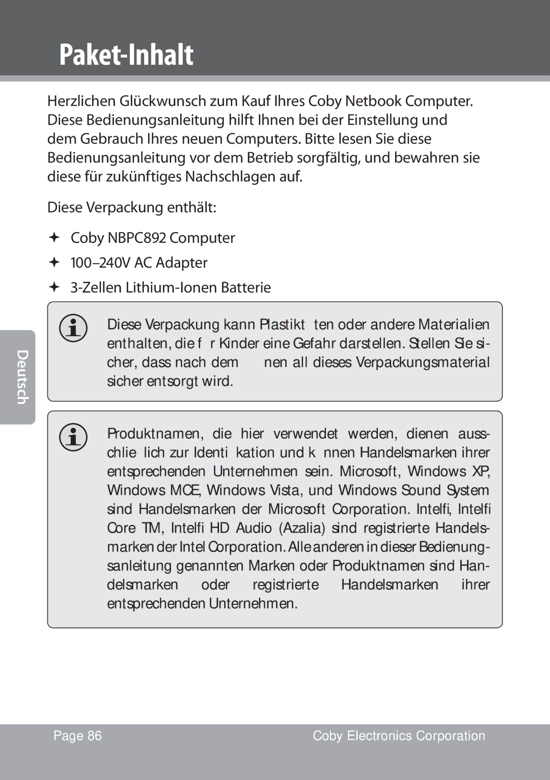 COBY electronic NBPC1028 instruction manual Paket-Inhalt 