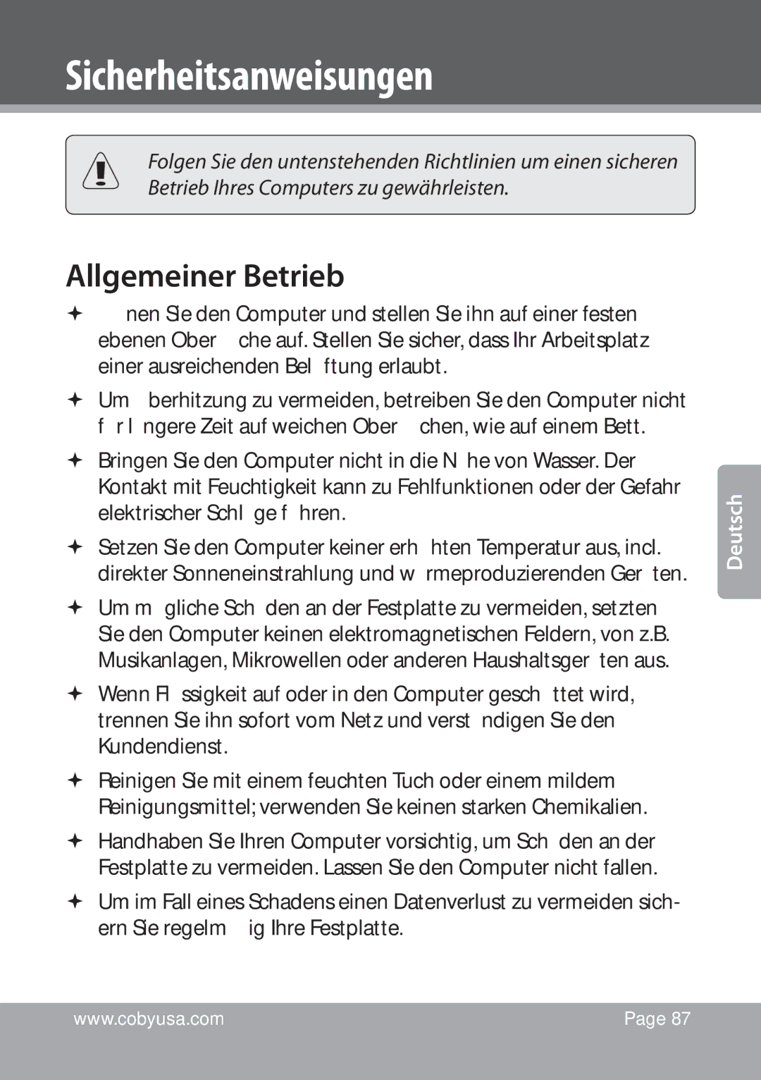 COBY electronic NBPC1028 instruction manual Sicherheitsanweisungen, Allgemeiner Betrieb 