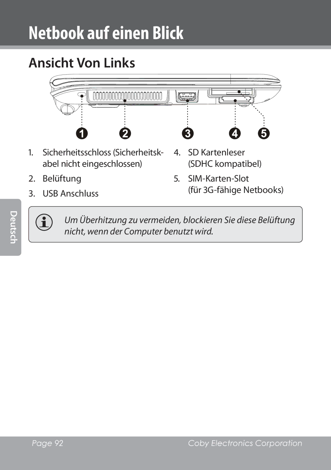 COBY electronic NBPC1028 instruction manual Ansicht Von Links, SD Kartenleser 