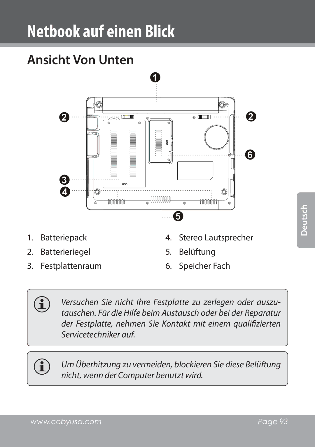 COBY electronic NBPC1028 instruction manual Batteriepack, Batterieriegel Belüftung Festplattenraum Speicher Fach 