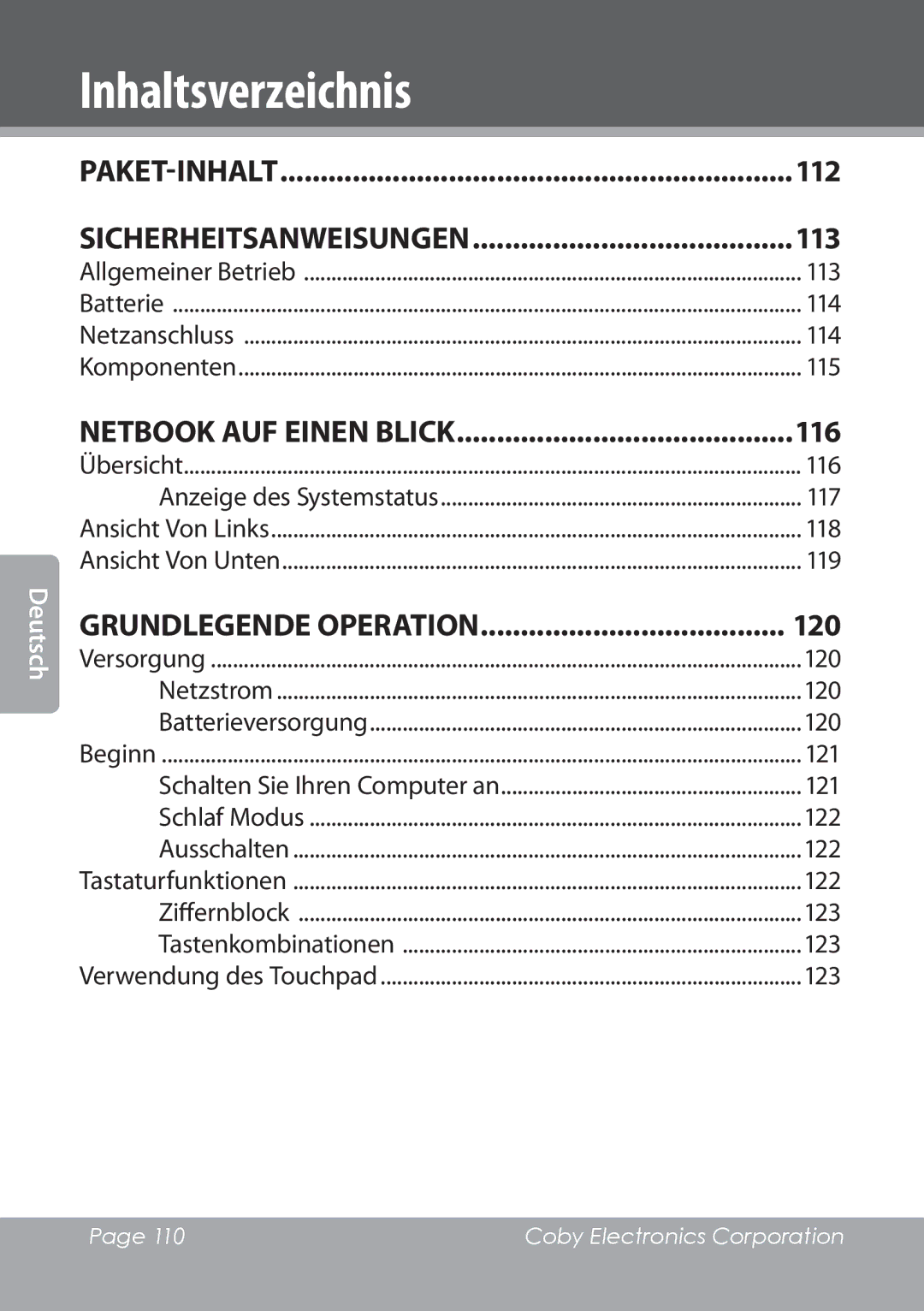 COBY electronic NBPC1220 instruction manual Inhaltsverzeichnis 