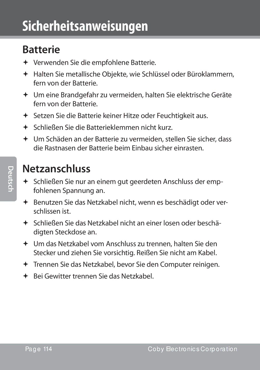 COBY electronic NBPC1220 instruction manual Batterie, Netzanschluss 