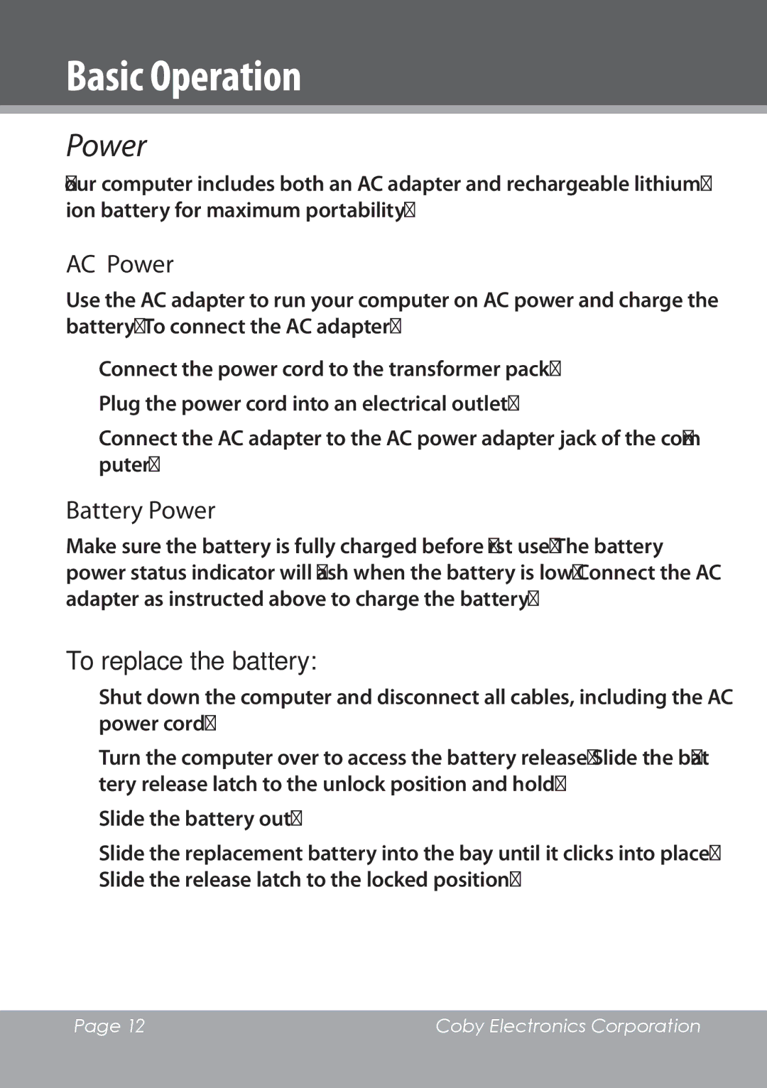 COBY electronic NBPC1220 instruction manual Basic Operation, AC Power, Battery Power 