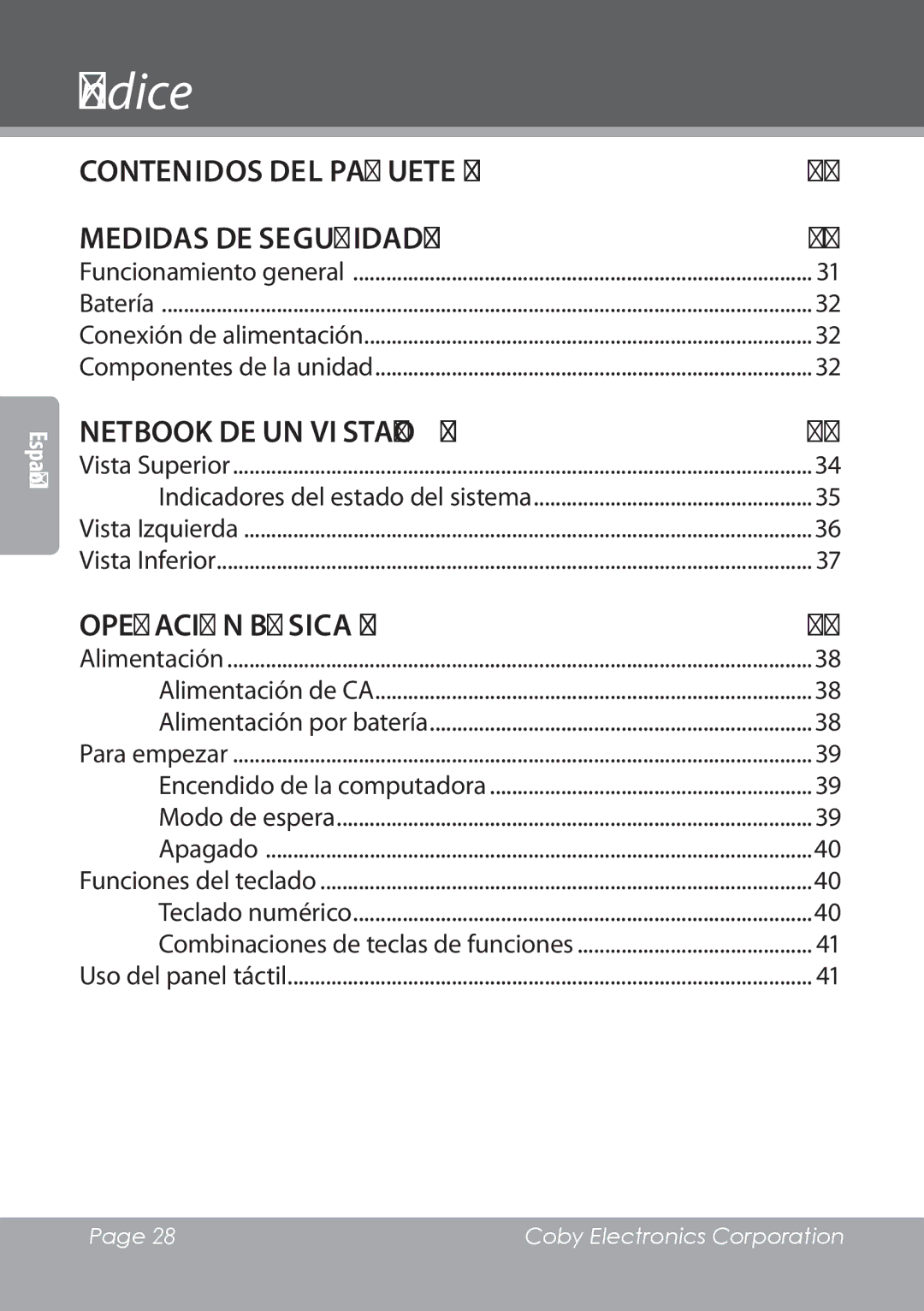 COBY electronic NBPC1220 instruction manual Índice, Contenidos del paquete 