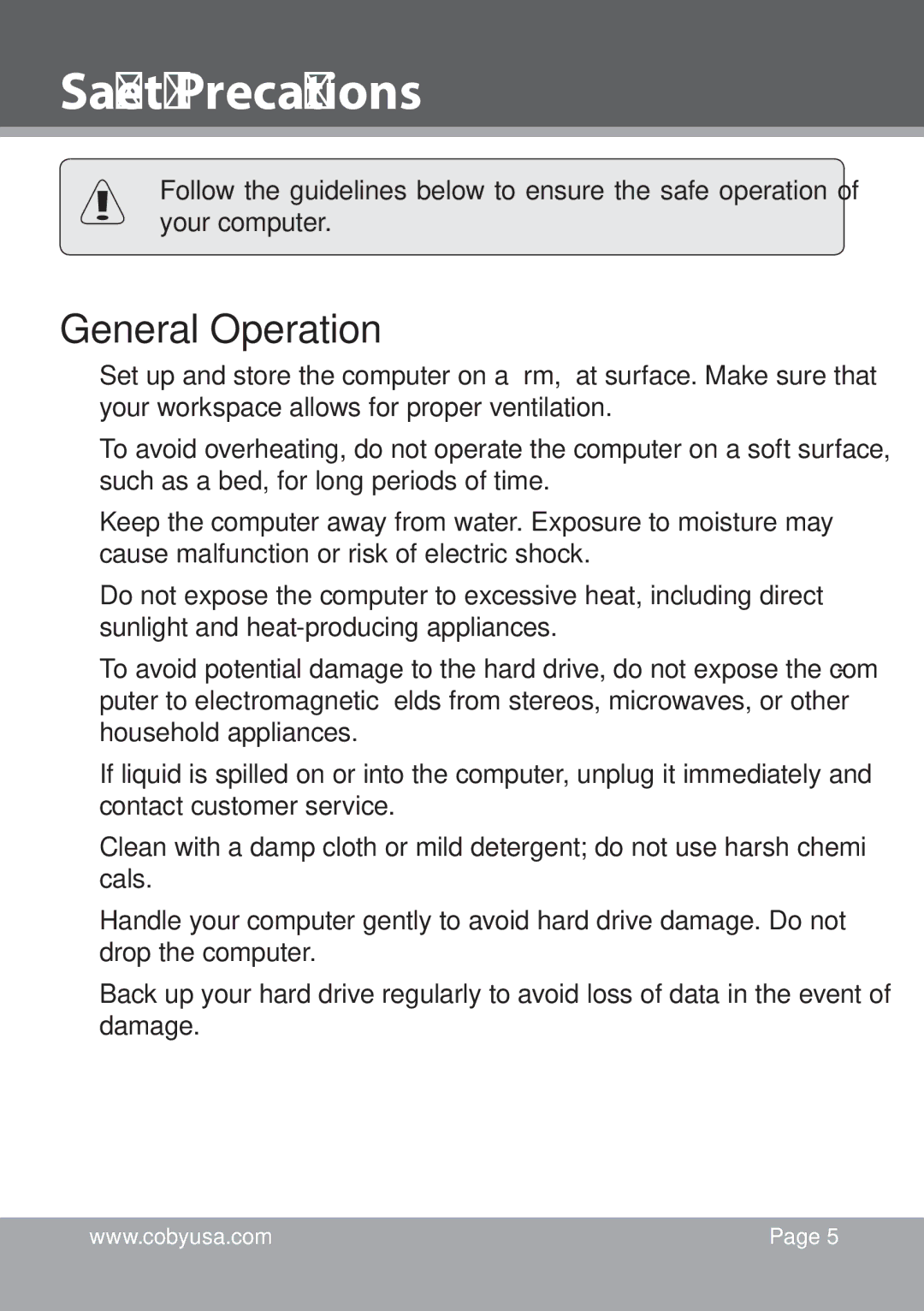 COBY electronic NBPC1220 instruction manual Safety Precautions, General Operation 