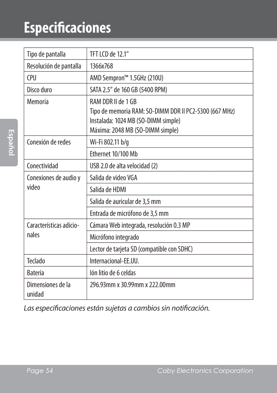 COBY electronic NBPC1220 instruction manual Especificaciones 