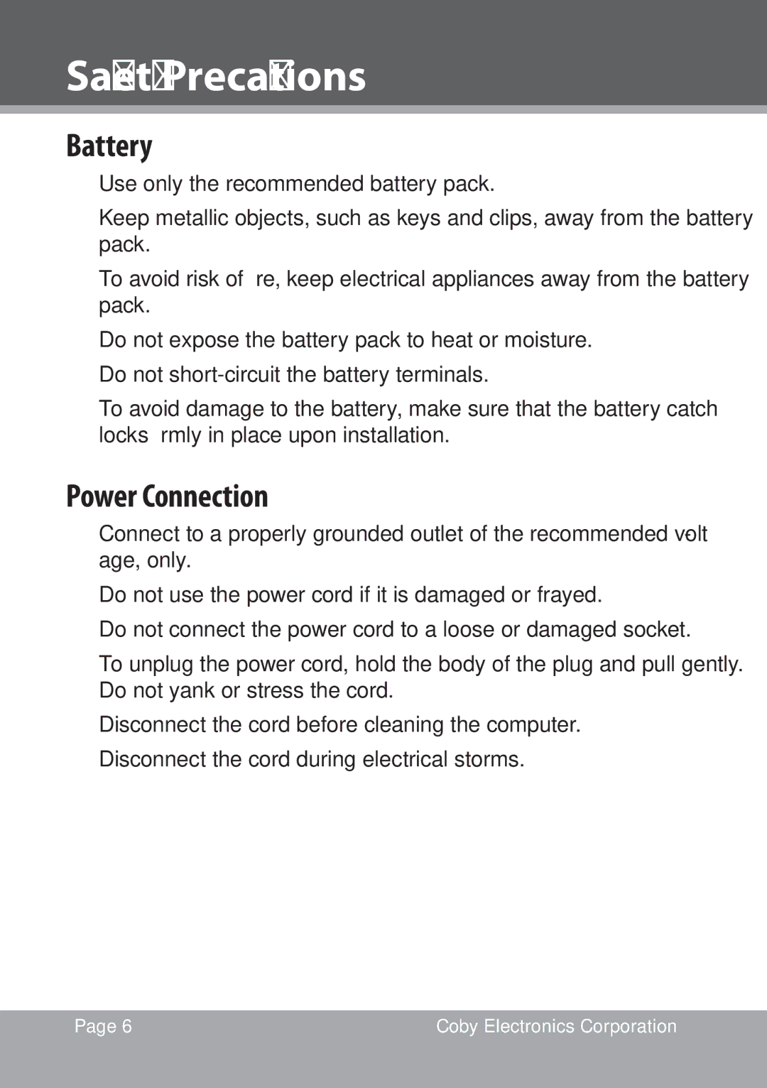 COBY electronic NBPC1220 instruction manual Battery, Power Connection 