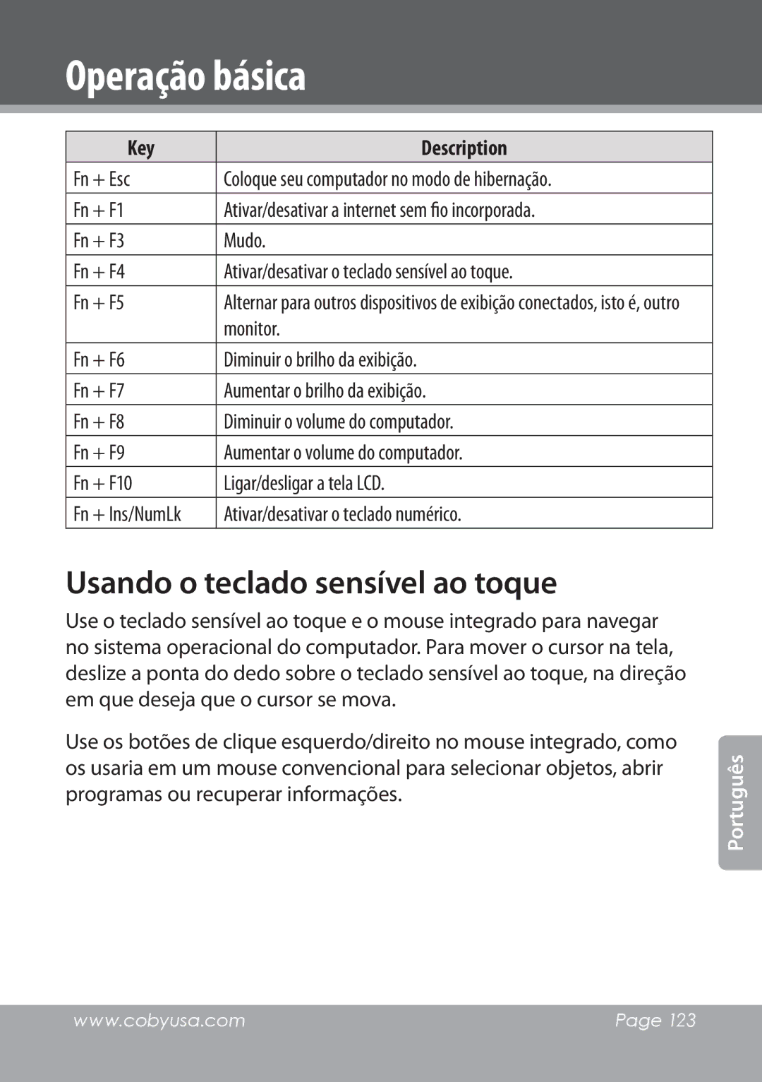 COBY electronic NBPC892 instruction manual Usando o teclado sensível ao toque, Ativar/desativar o teclado numérico 