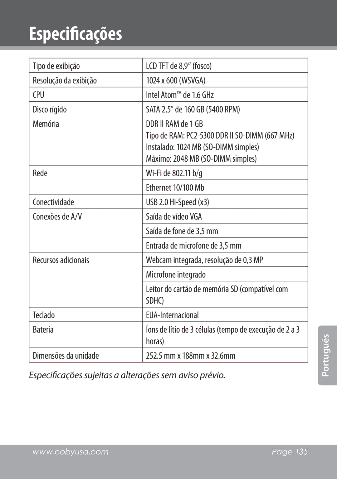 COBY electronic NBPC892 instruction manual Especificações 