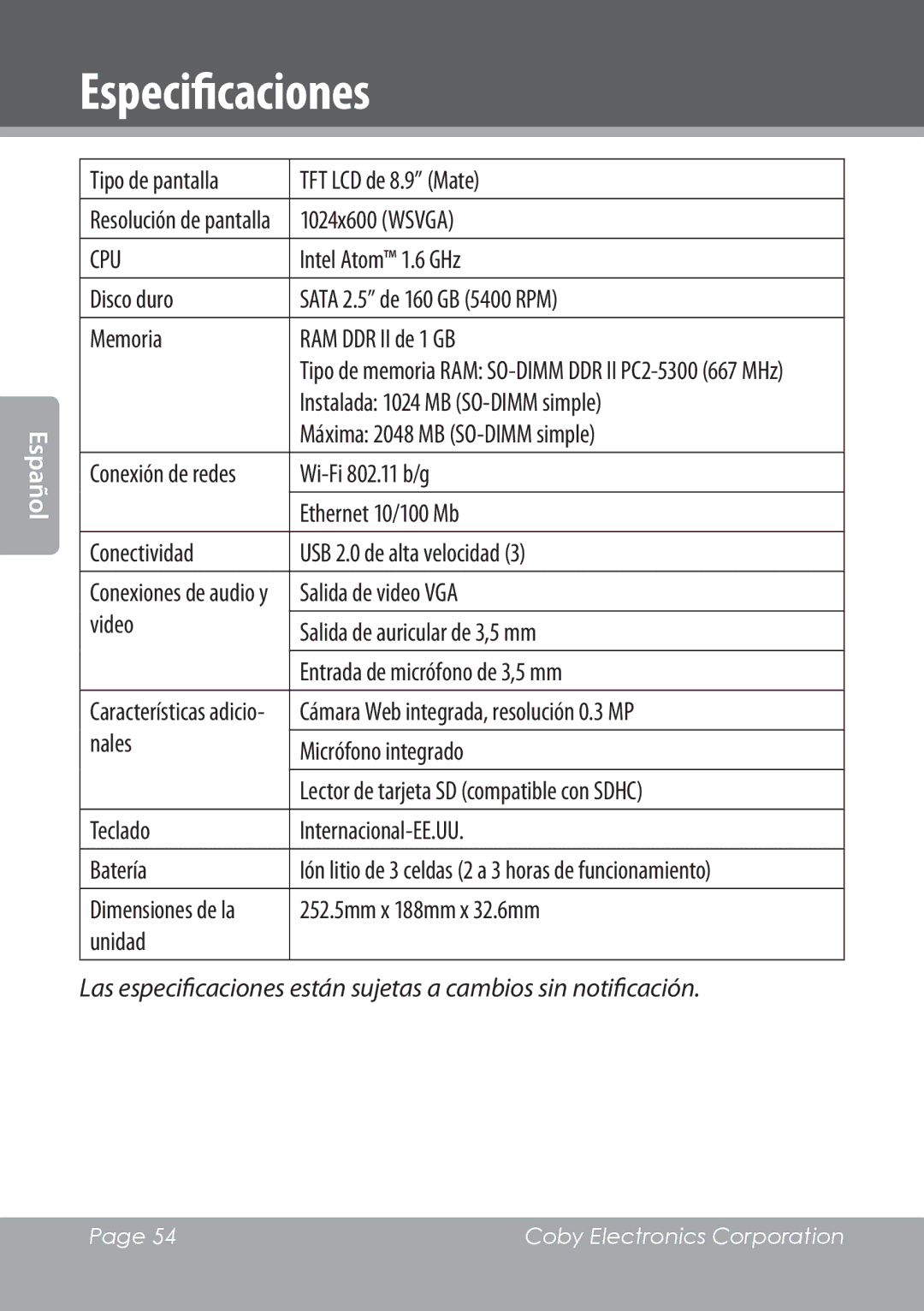 COBY electronic NBPC892 instruction manual Especificaciones 