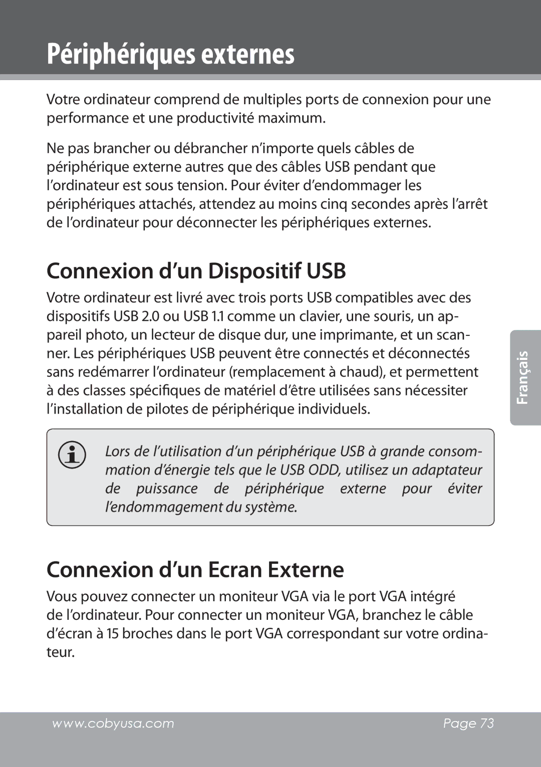 COBY electronic NBPC892 Périphériques externes, Connexion d’un Dispositif USB, Connexion d’un Ecran Externe 