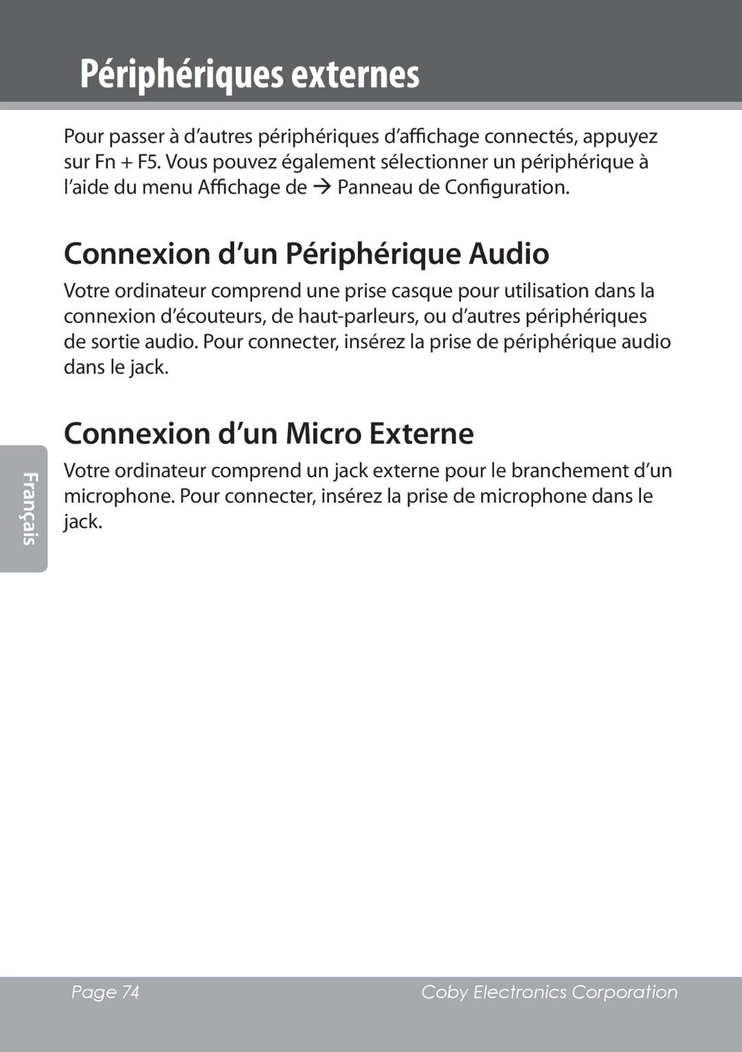 COBY electronic NBPC892 instruction manual Connexion d’un Périphérique Audio, Connexion d’un Micro Externe 