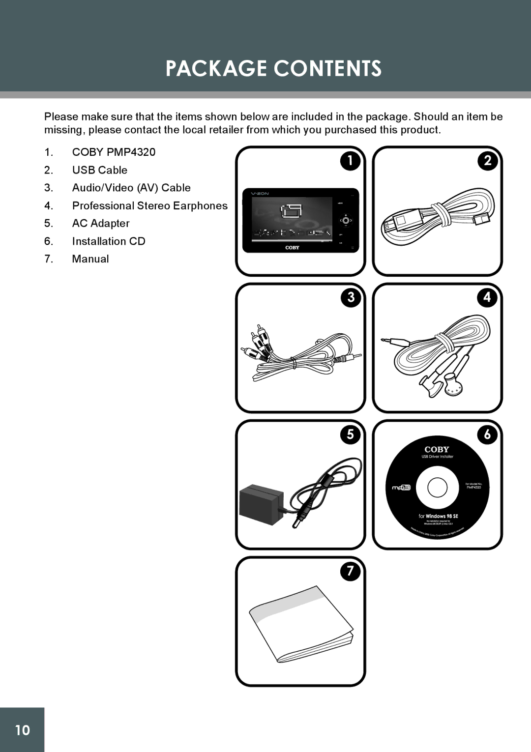 COBY electronic PMP4320 instruction manual Package Contents 