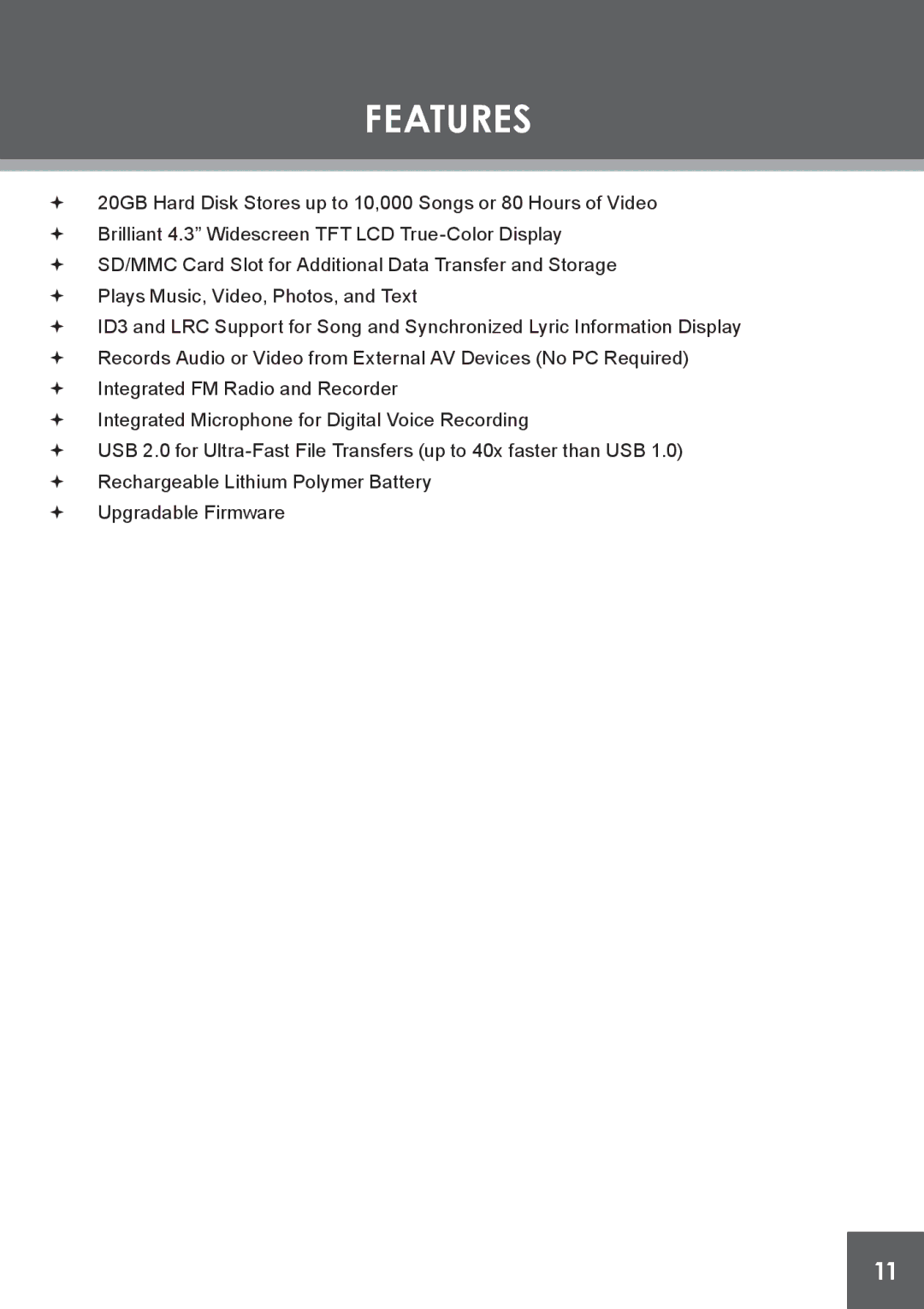 COBY electronic PMP4320 instruction manual Features 